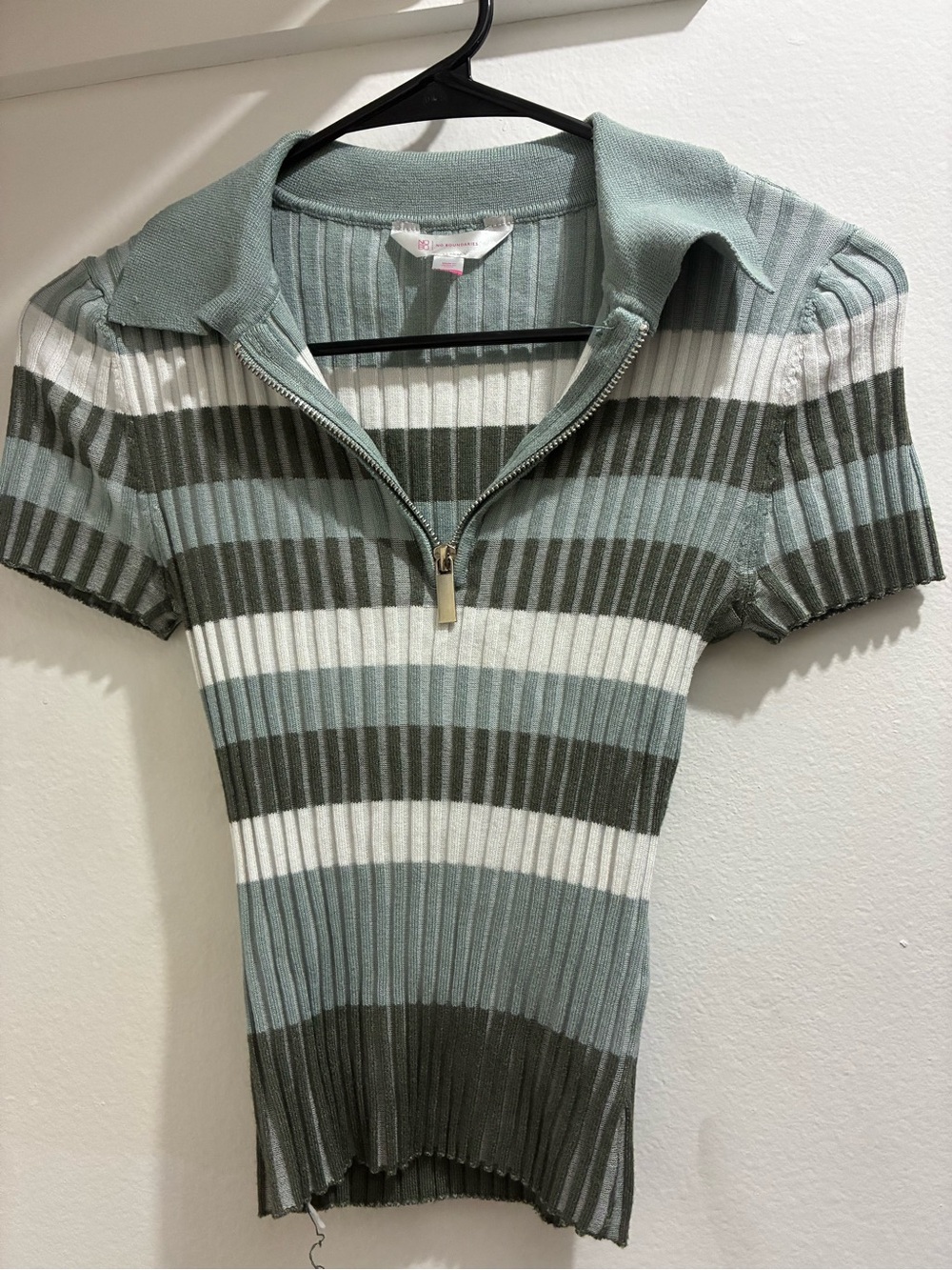 No Boundaries Ribbed Zip Polo Top in Sage, Olive & White